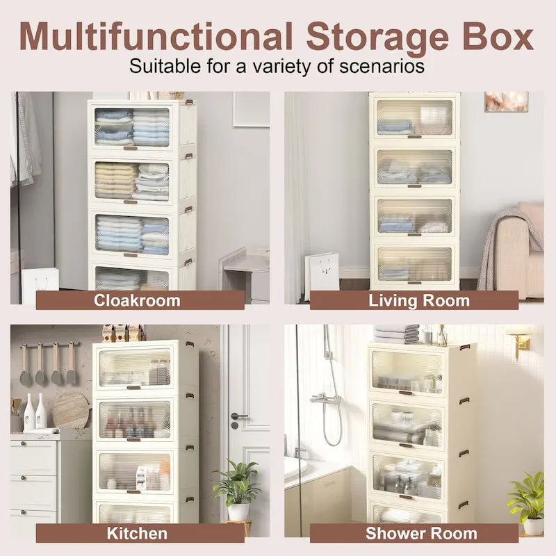 4 Tier Plastic Storage Bins with Lids,Stackable Storage Containers with Wheels, Folding Storage Boxes, Collapsible Storage Bins