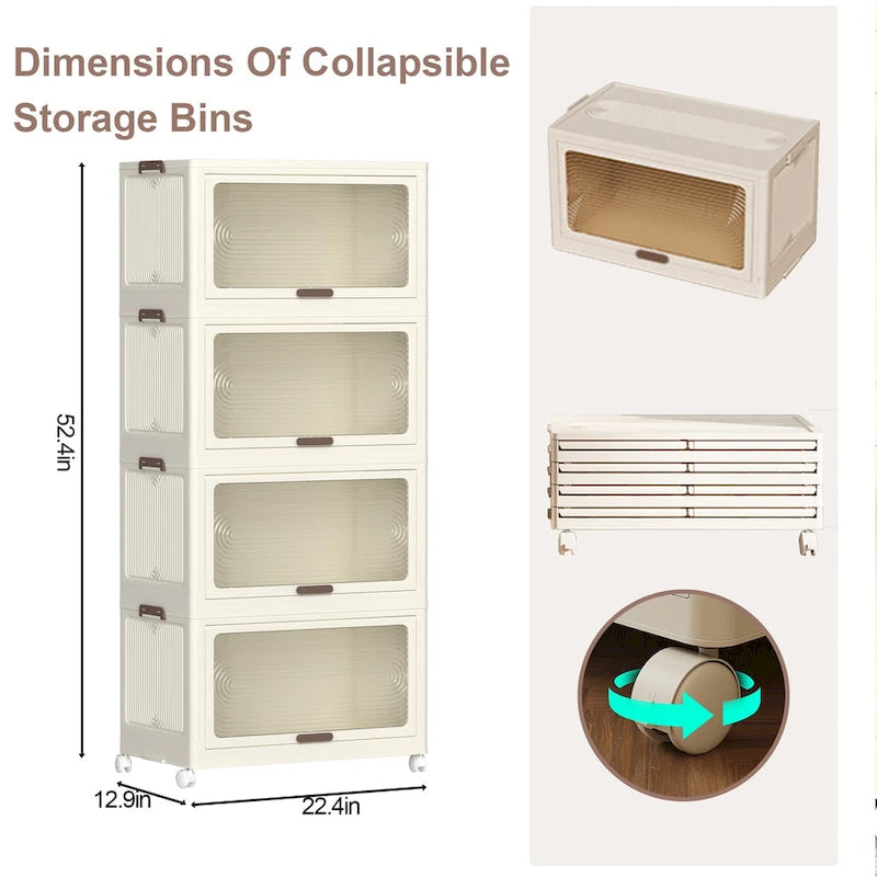 4 Tier Plastic Storage Bins with Lids,Stackable Storage Containers with Wheels, Folding Storage Boxes, Collapsible Storage Bins