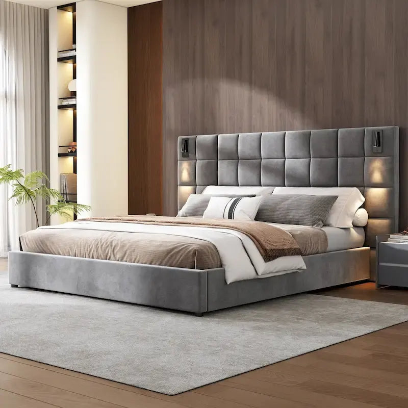 Modern Upholstered Bed Frame Velvet Platform Bed with Reading Lamp