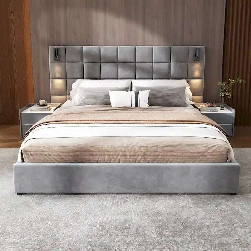 Modern Upholstered Bed Frame Velvet Platform Bed with Reading Lamp