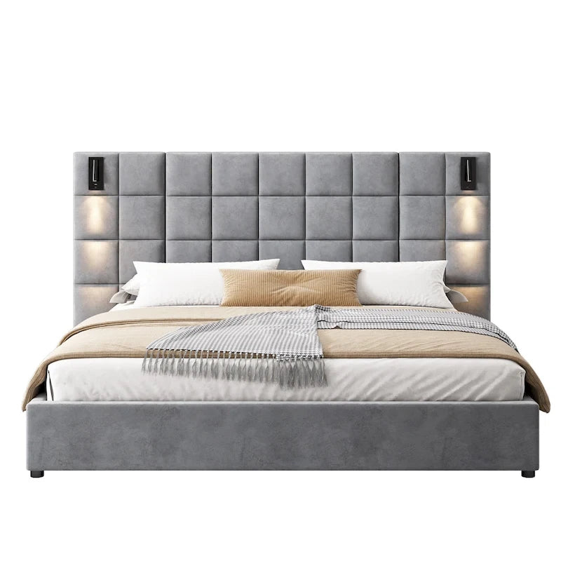 Modern Upholstered Bed Frame Velvet Platform Bed with Reading Lamp