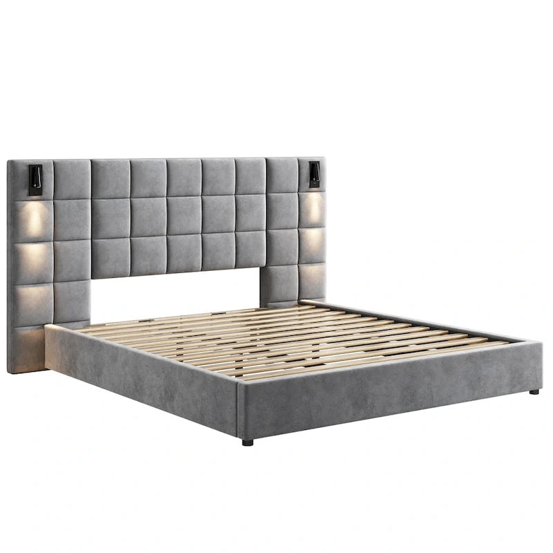 Modern Upholstered Bed Frame Velvet Platform Bed with Reading Lamp