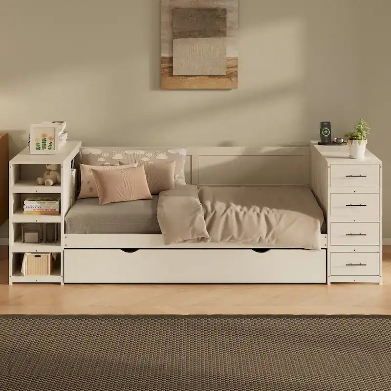 Wooden Twin Size Daybed with Trundle, Side Shelf and Drawers, Storage Bed with Desk and Charging Station for Bedroom, Guest Room