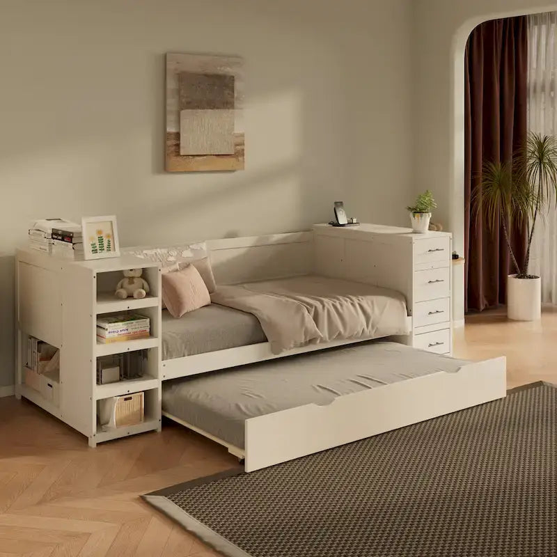 Wooden Twin Size Daybed with Trundle, Side Shelf and Drawers, Storage Bed with Desk and Charging Station for Bedroom, Guest Room