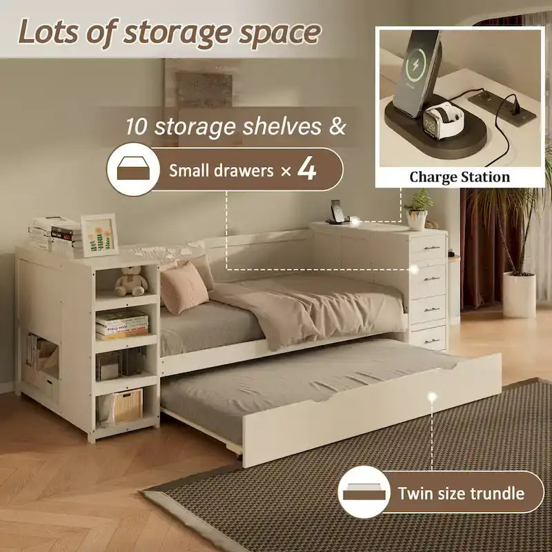 Wooden Twin Size Daybed with Trundle, Side Shelf and Drawers, Storage Bed with Desk and Charging Station for Bedroom, Guest Room