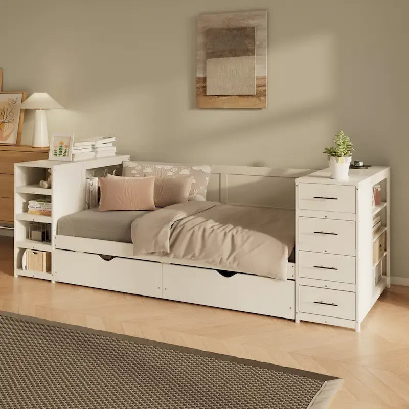 Wooden Twin Size Daybed with Trundle, Side Shelf and Drawers, Storage Bed with Desk and Charging Station for Bedroom, Guest Room