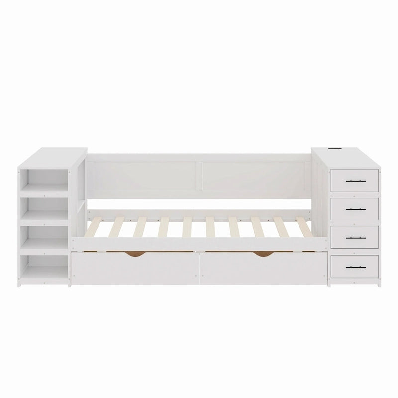 Wooden Twin Size Daybed with Trundle, Side Shelf and Drawers, Storage Bed with Desk and Charging Station for Bedroom, Guest Room