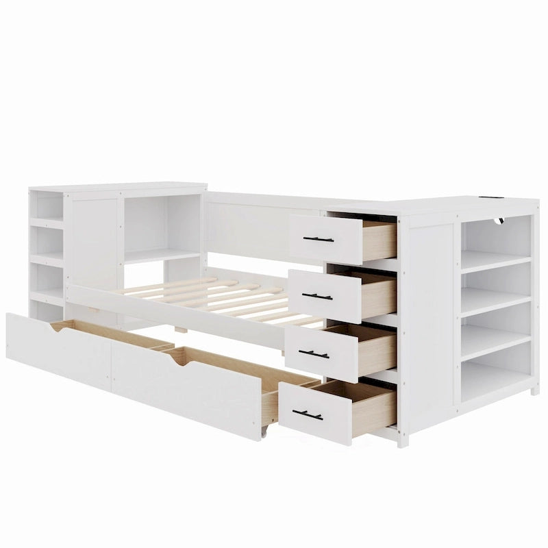 Wooden Twin Size Daybed with Trundle, Side Shelf and Drawers, Storage Bed with Desk and Charging Station for Bedroom, Guest Room