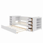 Twin Daybed with Trundle or Drawers, Side Storage Cabinet on Both Sides, Charging Station - Wood Slat Suppor Platform Bed Frame