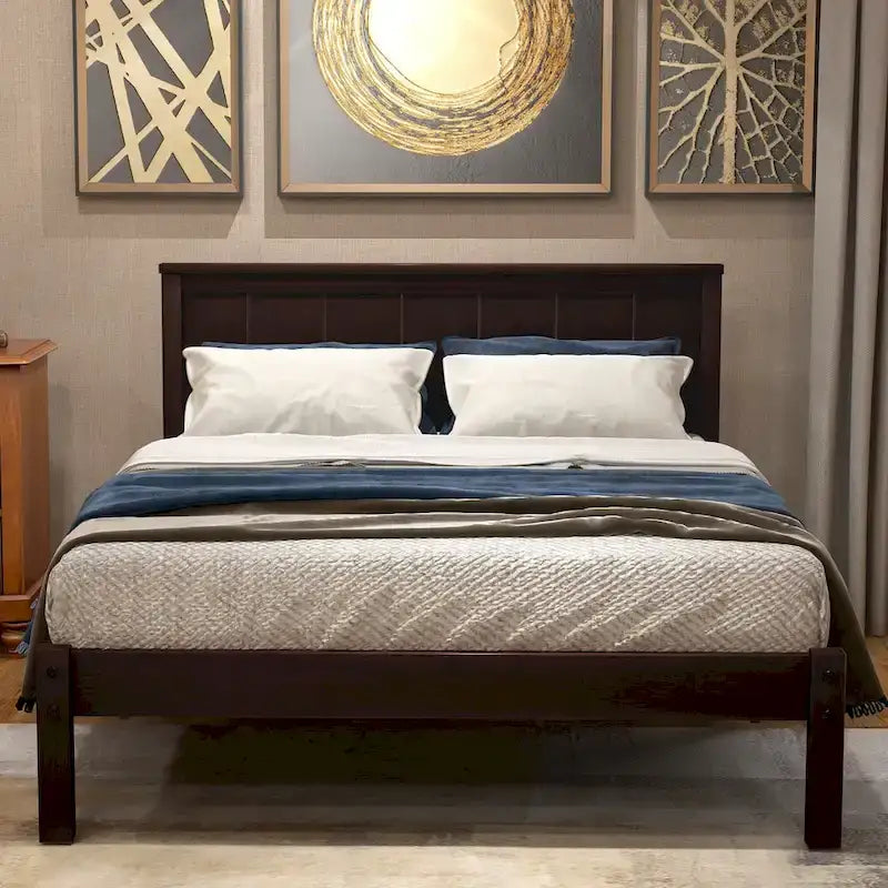 Black Pine Wood Twin Platform Bed Frame with Headboard - Wood Slat Support, No Box Spring Needed, Space-Saving Design