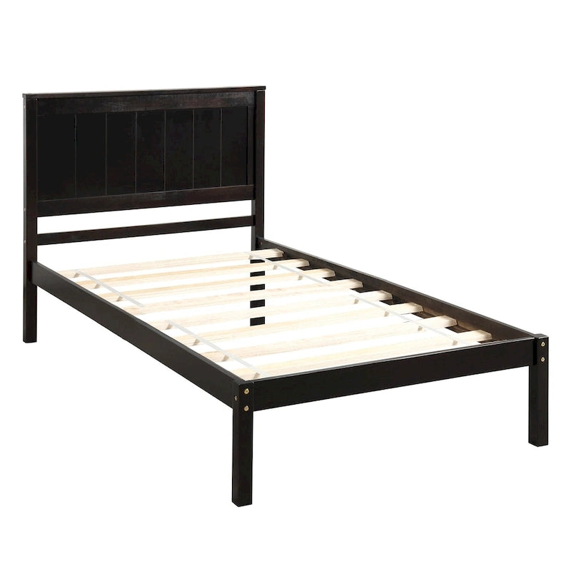 Black Pine Wood Twin Platform Bed Frame with Headboard - Wood Slat Support, No Box Spring Needed, Space-Saving Design