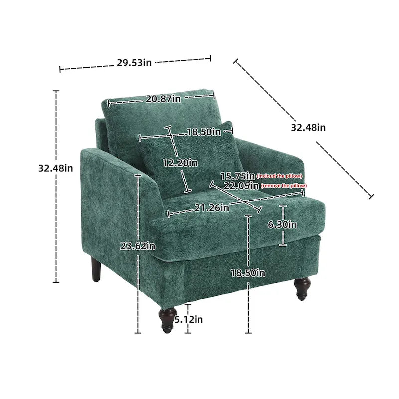 Emerald Modern 29.53  Chenille Upholstered Arm Chair with Solid Wood Frame and Pillows