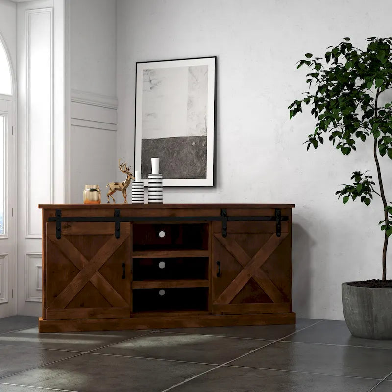 Farmhouse 66 inch Corner TV Stand for TVs up to 80 inches, No Assembly Required, Aged Whiskey Finish