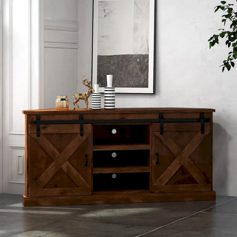 Bridgevine Home Farmhouse 66 inch Corner TV Stand for TVs up to 80 inches, No Assembly Required, Aged Whiskey Finish