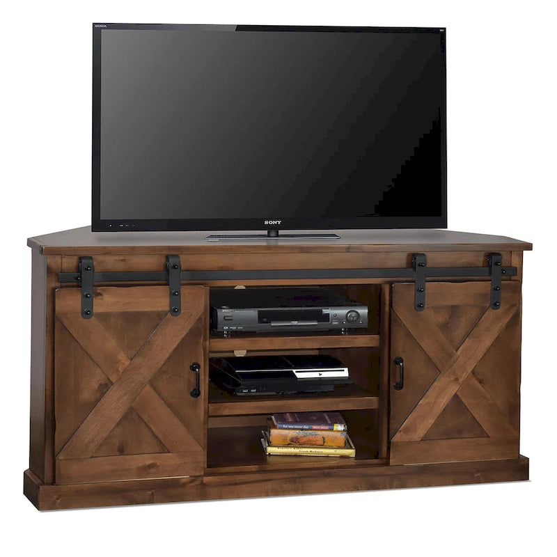 Farmhouse 66 inch Corner TV Stand for TVs up to 80 inches, No Assembly Required, Aged Whiskey Finish