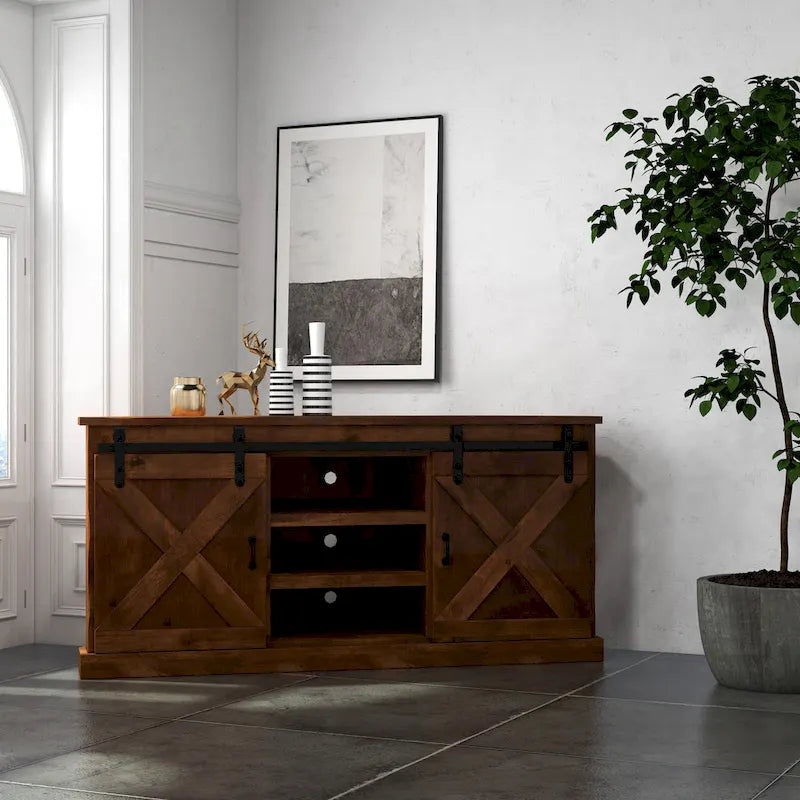 Farmhouse 66 inch Corner TV Stand for TVs up to 80 inches, No Assembly Required, Aged Whiskey Finish