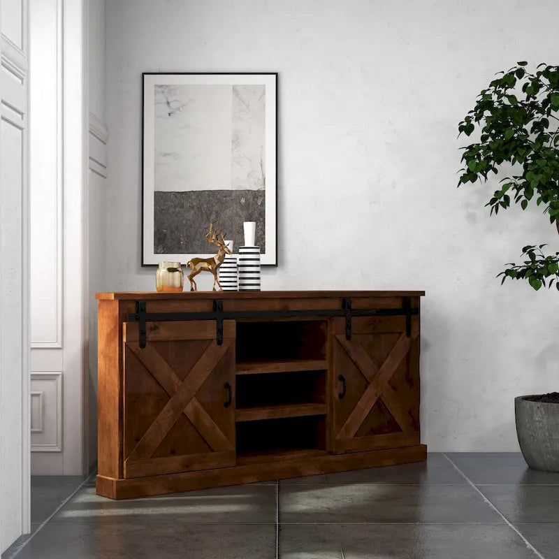 Farmhouse 66 inch Corner TV Stand for TVs up to 80 inches, No Assembly Required, Aged Whiskey Finish