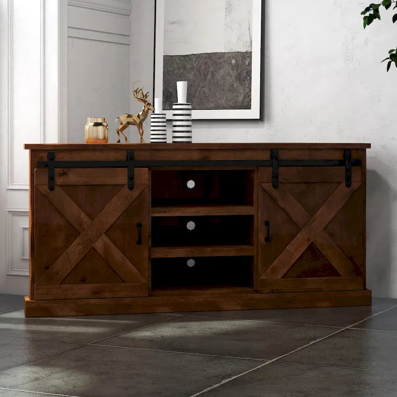 Farmhouse 66 inch Corner TV Stand for TVs up to 80 inches, No Assembly Required, Aged Whiskey Finish