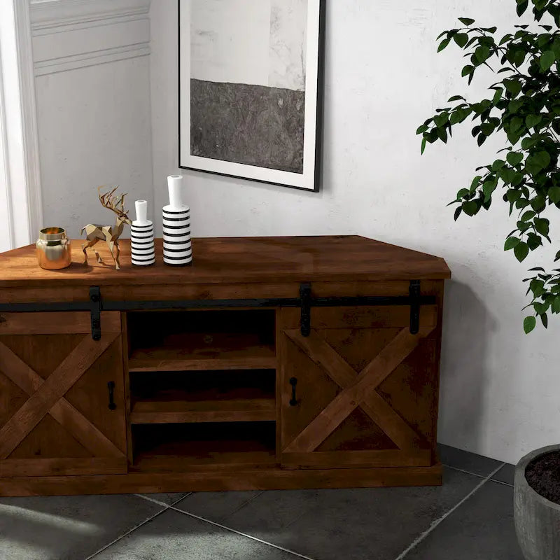 Farmhouse 66 inch Corner TV Stand for TVs up to 80 inches, No Assembly Required, Aged Whiskey Finish