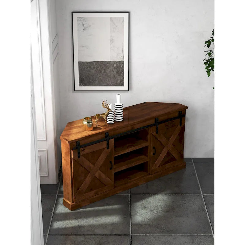 Farmhouse 66 inch Corner TV Stand for TVs up to 80 inches, No Assembly Required, Aged Whiskey Finish