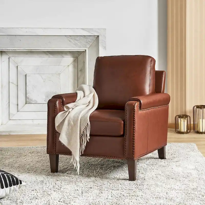 Kunz Transitional Genuine Leather Armchair with Removable Cushion and Nailhead Trims