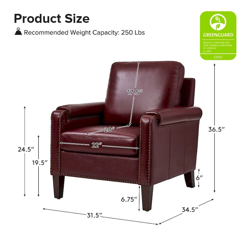 Kunz Transitional Genuine Leather Armchair with Removable Cushion and Nailhead Trims