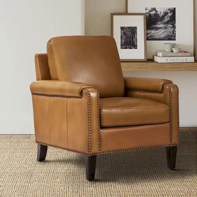 Kunz Transitional Genuine Leather Armchair with Removable Cushion and Nailhead Trims