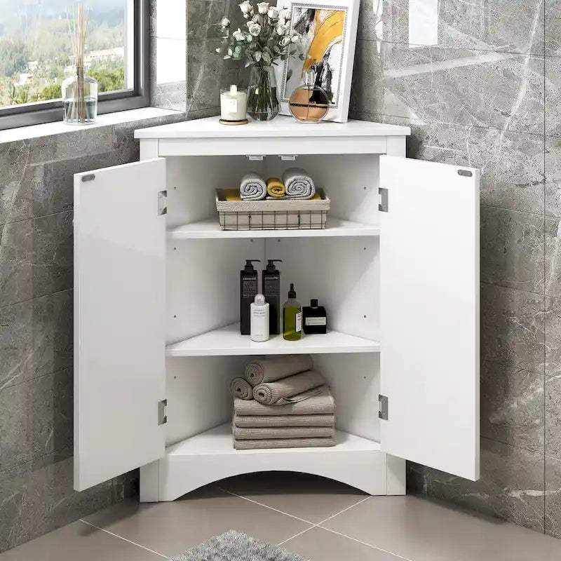 White Triangle Bathroom Storage Cabinet with Adjustable Shelves - 17.2 W x 17.2 D x 31.5 H