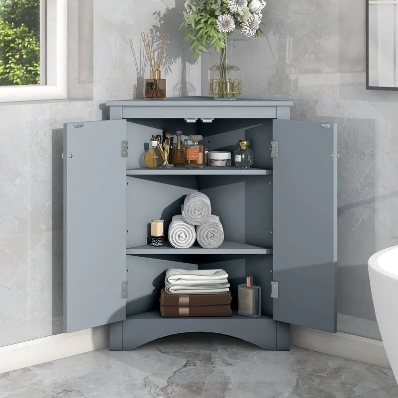 White Triangle Bathroom Storage Cabinet with Adjustable Shelves - 17.2 W x 17.2 D x 31.5 H