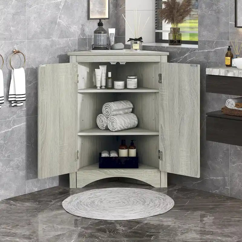 White Triangle Bathroom Storage Cabinet with Adjustable Shelves - 17.2 W x 17.2 D x 31.5 H
