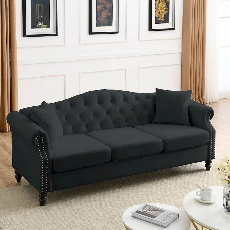 [Video] 79  Chesterfield Sofa Black Velvet for Living Room, 3 Seater Sofa Tufted Couch with Rolled Arms and Nailhead for Living