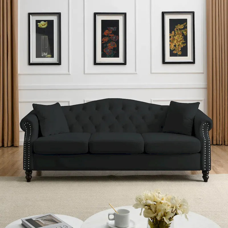 [Video] 79  Chesterfield Sofa Black Velvet for Living Room, 3 Seater Sofa Tufted Couch with Rolled Arms and Nailhead for Living