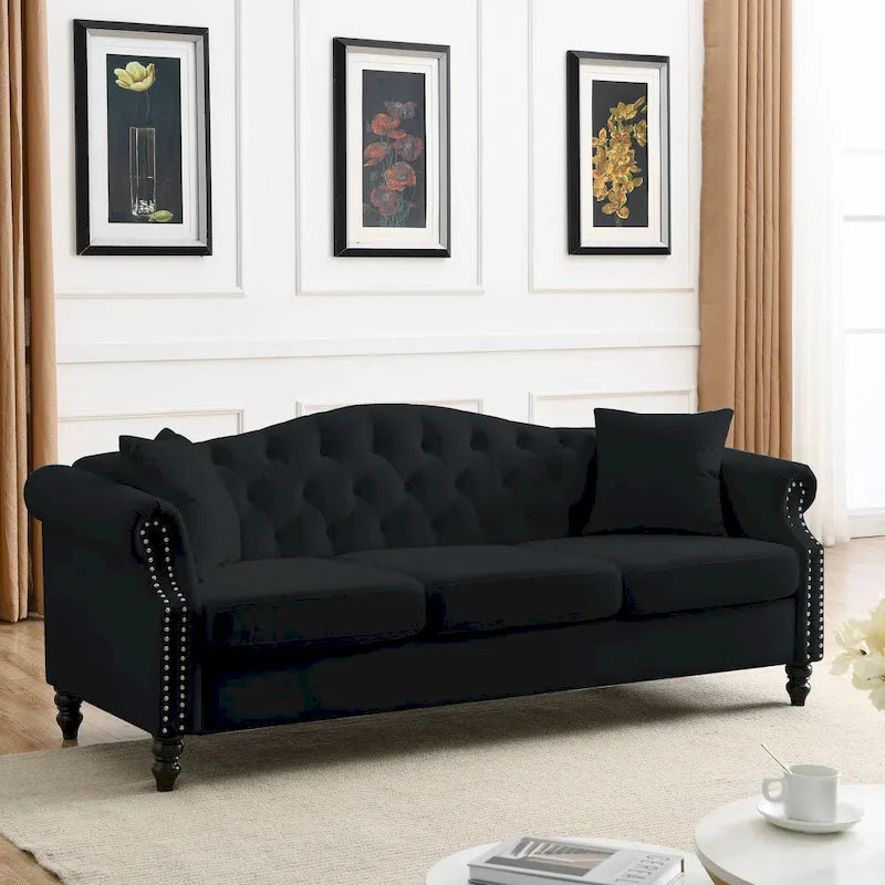 [Video] 79  Chesterfield Sofa Black Velvet for Living Room, 3 Seater Sofa Tufted Couch with Rolled Arms and Nailhead for Living
