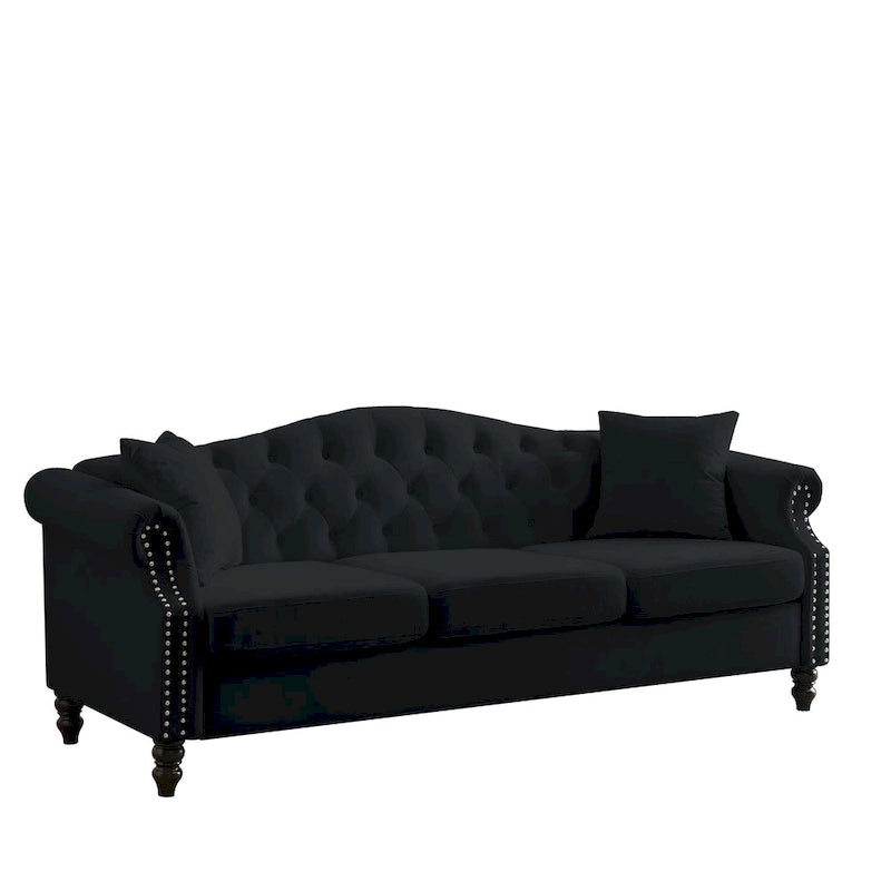 [Video] 79  Chesterfield Sofa Black Velvet for Living Room, 3 Seater Sofa Tufted Couch with Rolled Arms and Nailhead for Living