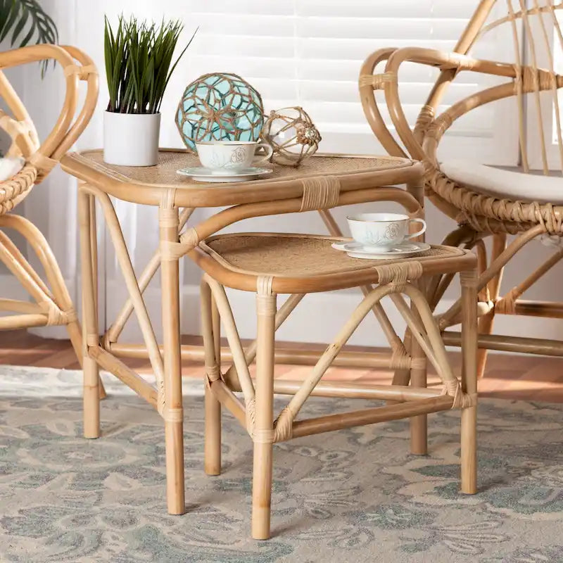 Jayden Bohemian Natural Brown Finished Rattan End Table Set(2PC)
