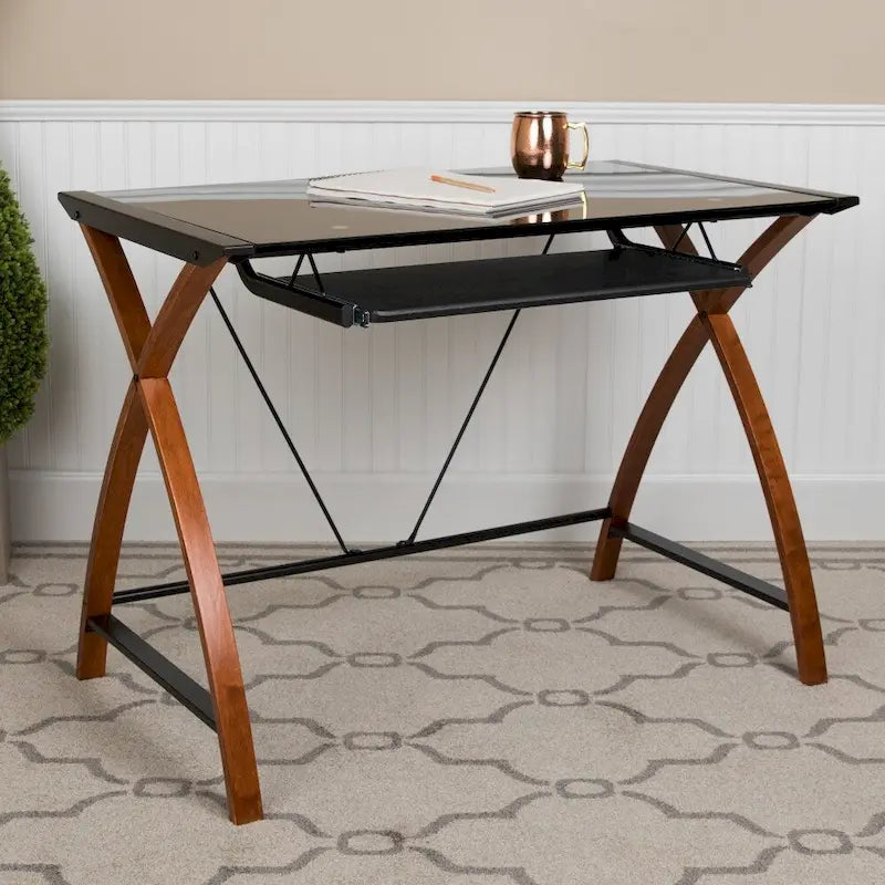 Modern Glass Top Computer Desk with Pull-out Keyboard Tray