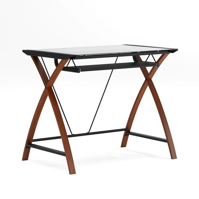 Modern Glass Top Computer Desk with Pull-out Keyboard Tray