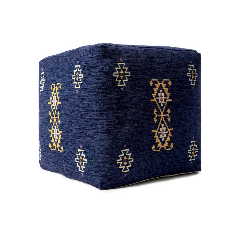 Sevita Navy/Mustard Traditional Damask Polyester Blend Pouf