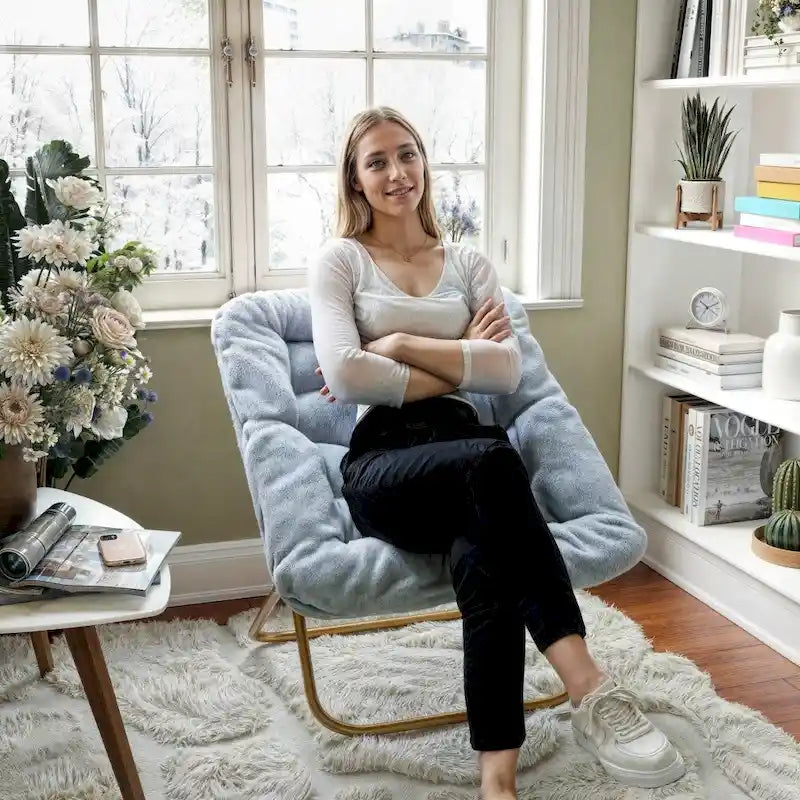 Folding Synthetic Fur Oversized Saucer Chair with Steel Frame - N/A