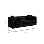 Joel 73 Inch Modern Sofa with 3 Pillows, Tufted Black Velvet, Silver Legs