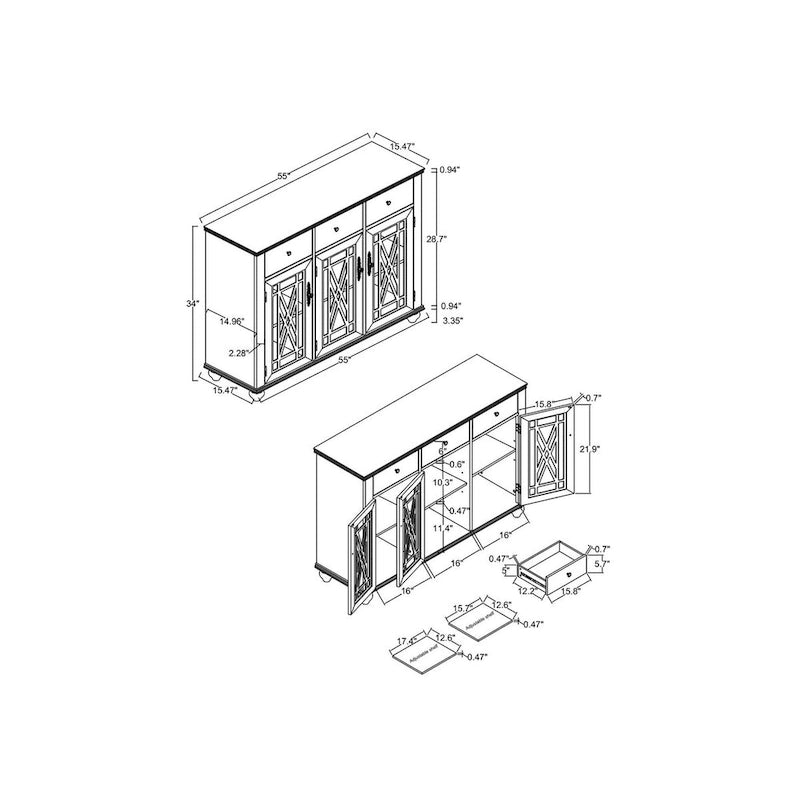 55  Vintage Style Kitchen Accent Buffet Sideboard Cabinet w/ Drawers - 55  in Width