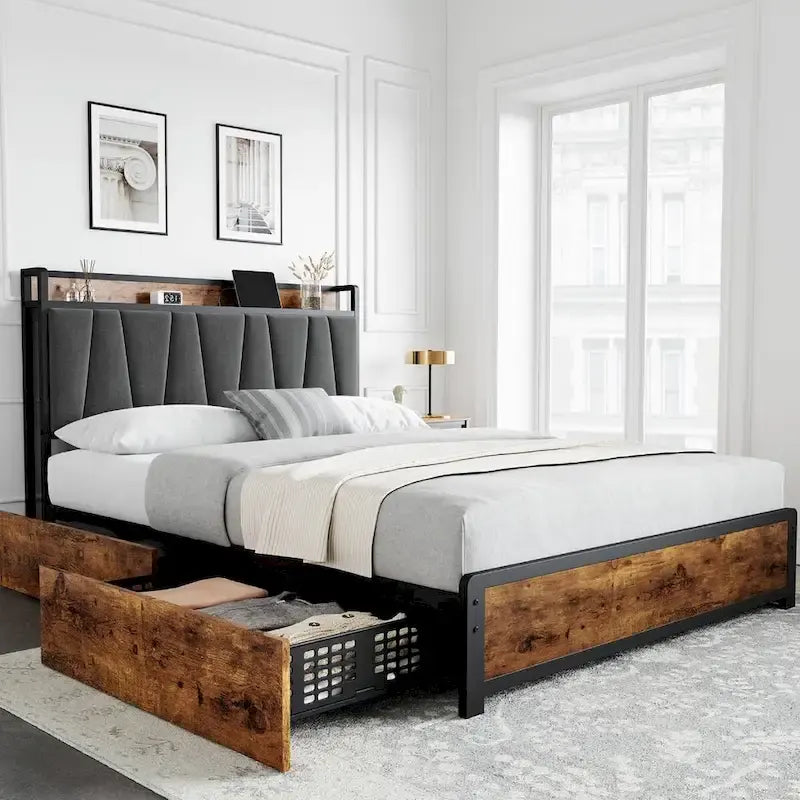 Bed Frame with Storage Linen Upholstered Headboard