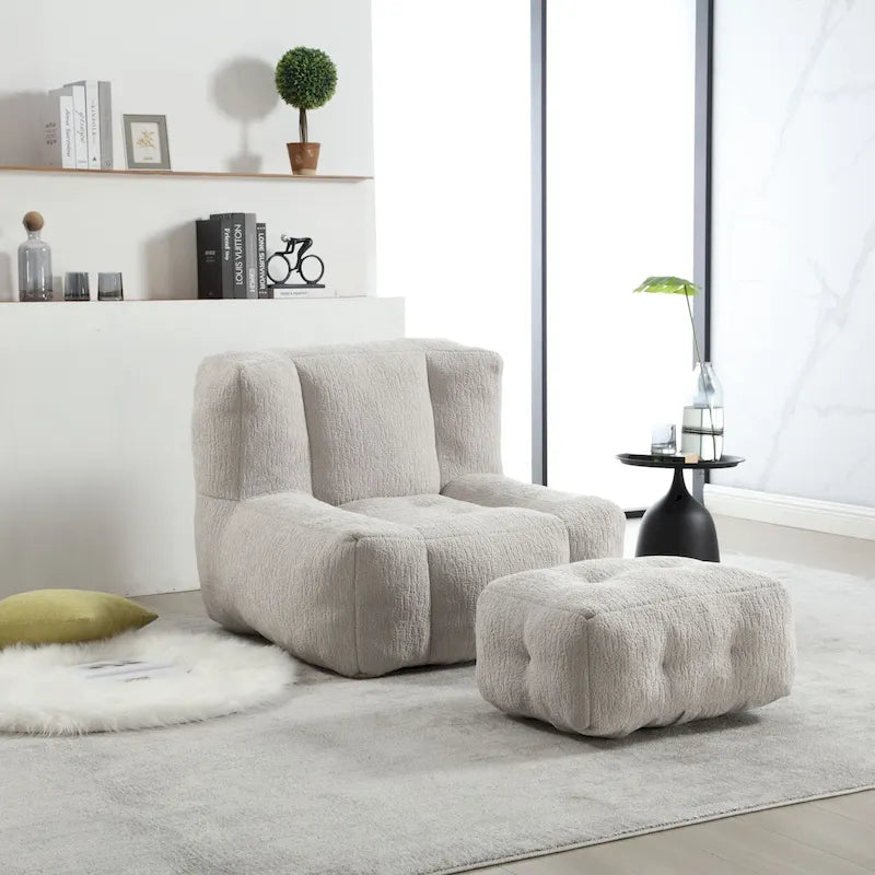 Fluffy Bean Bag Chair, Super Soft Lazy Sofa Chair With Memory Foam And Ottoman, Indoor Modern Bean Bag Chair