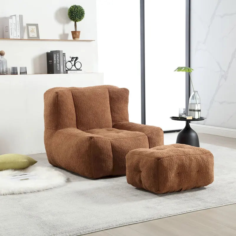 Fluffy Bean Bag Chair, Super Soft Lazy Sofa Chair With Memory Foam And Ottoman, Indoor Modern Bean Bag Chair