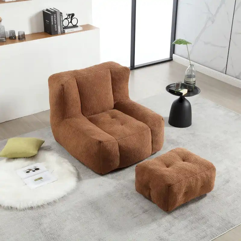 Fluffy Bean Bag Chair, Super Soft Lazy Sofa Chair With Memory Foam And Ottoman, Indoor Modern Bean Bag Chair