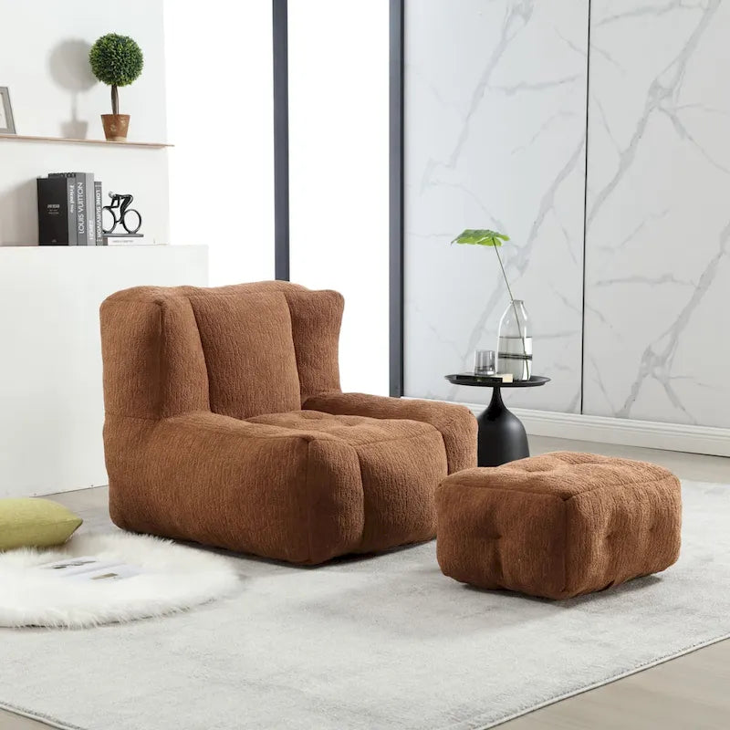 Fluffy Bean Bag Chair, Super Soft Lazy Sofa Chair With Memory Foam And Ottoman, Indoor Modern Bean Bag Chair